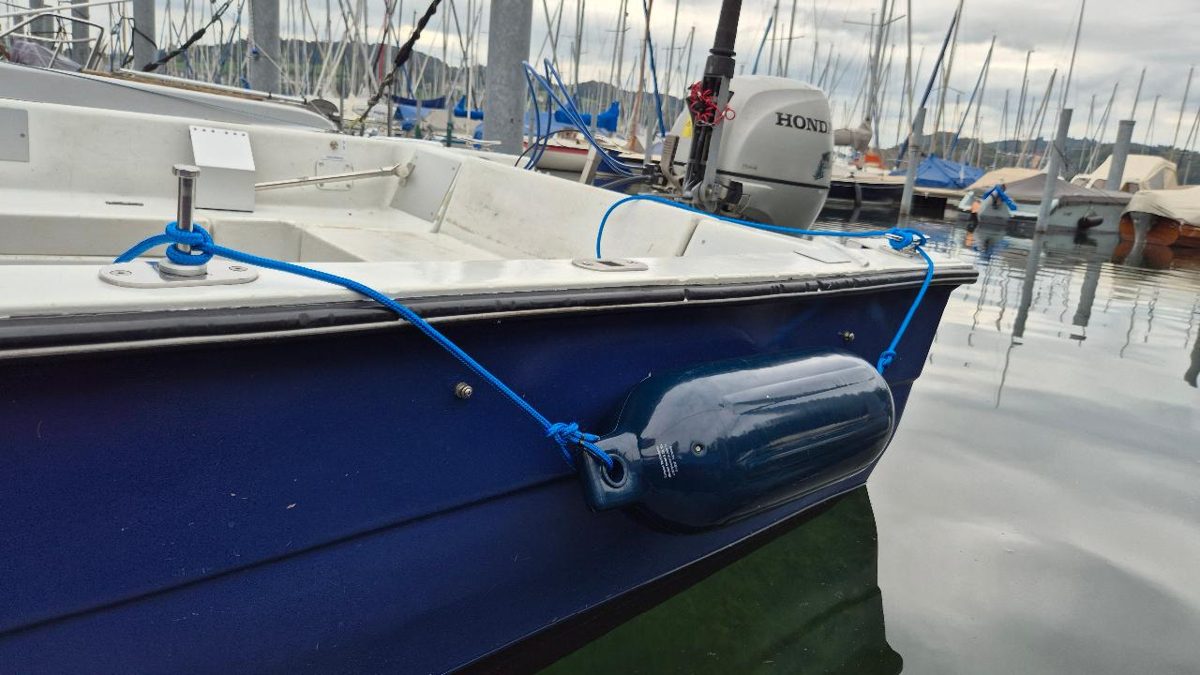 Gesetzter Fender an der Bordwand von Dorli im Hafen